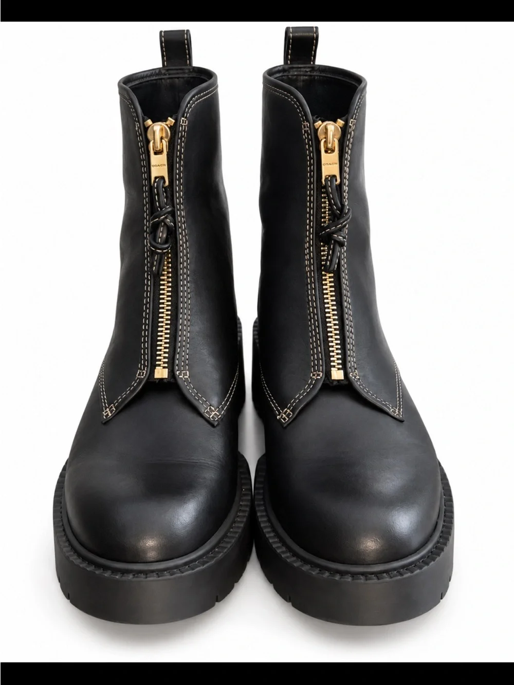 Coach Liza Black Leather Zip-Front Block Heel Ankle Boot with Heavy Chunky Sole
